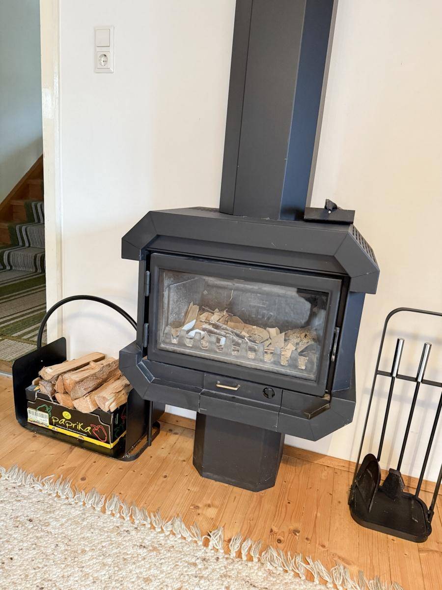 Moderner Kaminofen mit Holzscheiten, der eine gemütliche Atmosphäre im Wohnzimmer schafft.