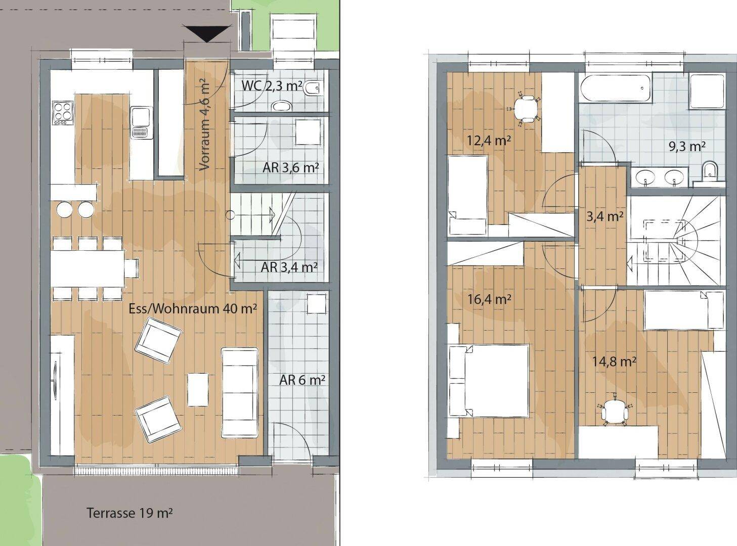 Grundrissplan zeigt zwei Ebenen mit Wohn-Essbereich, Terrasse, WC und mehreren Schlafzimmern.