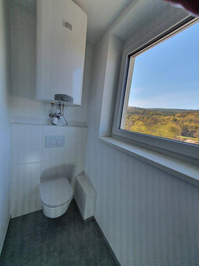Separates WC mit wandhängender Toilette, Warmwasserboiler und Fenster mit Weitblick.