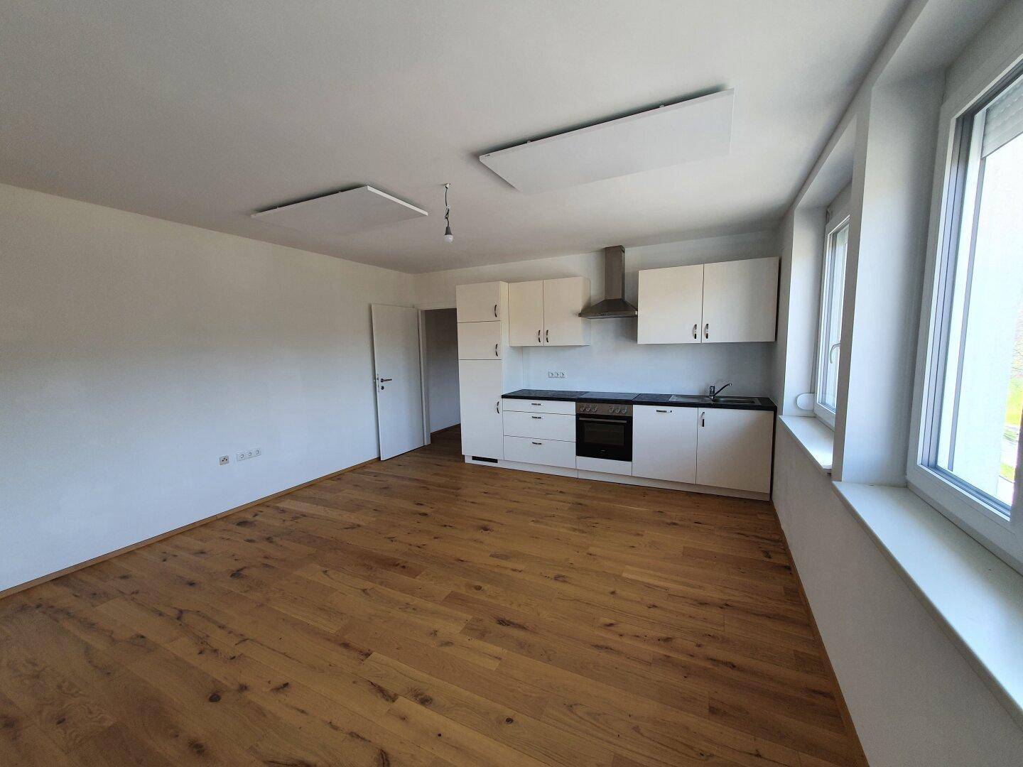 Offener Wohnbereich mit integrierter Küchenzeile, Holzboden und großen Fenstern.