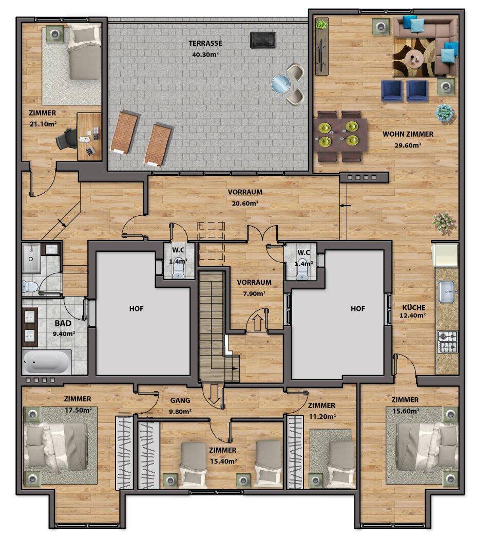 Detaillierter Grundriss mit mehreren Zimmern, offener Wohnküche und großer Terrasse.