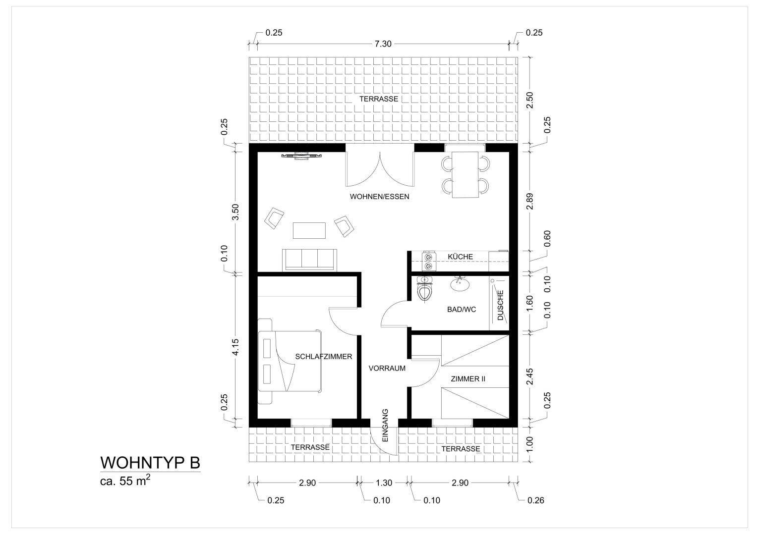 Grundrissplan einer Wohnung mit offenem Wohn-Essbereich, separatem Schlafzimmer, einem weiteren Zimmer und mehreren Terrassen.