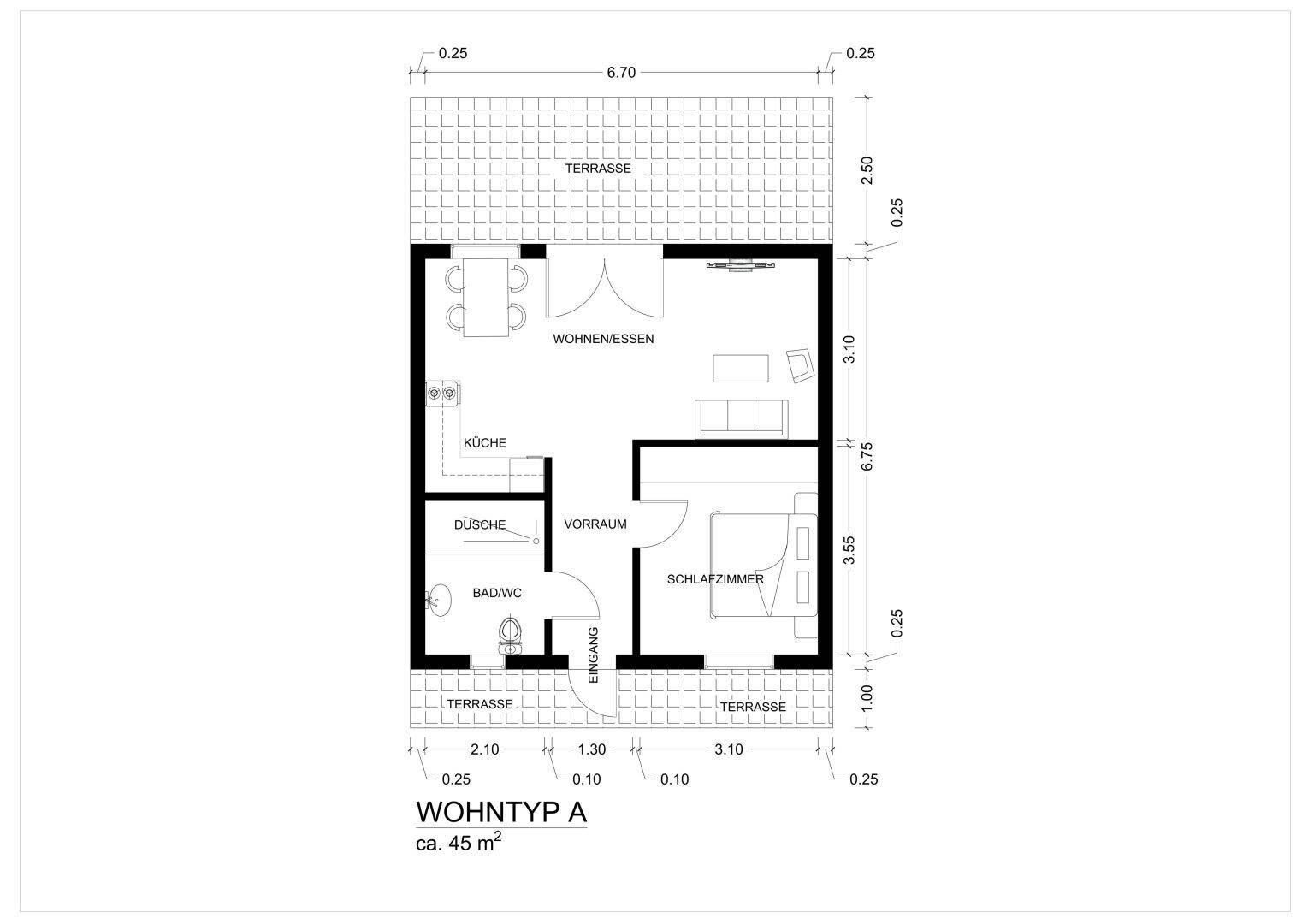Grundriss einer Wohnung mit offenem Wohn-Essbereich, separater Küche, Schlafzimmer und mehreren Terrassen.