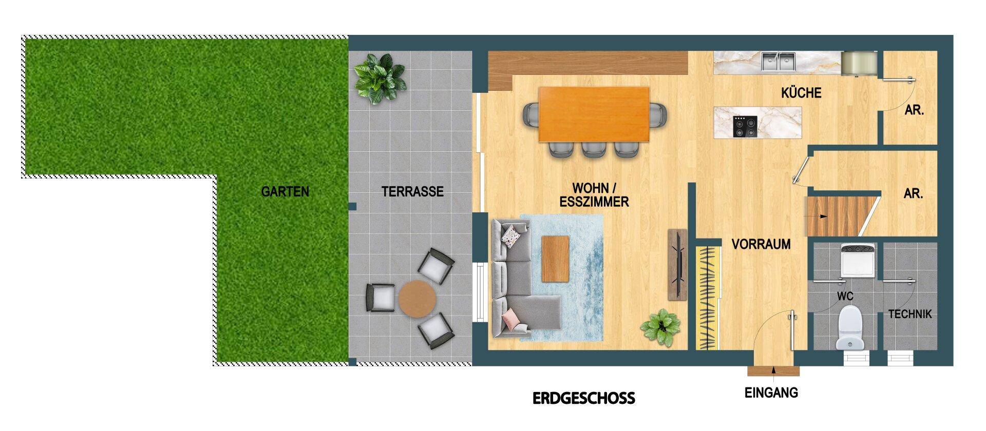 Grundriss des Erdgeschosses mit offener Küche, Wohn-Essbereich, Terrasse und Garten.