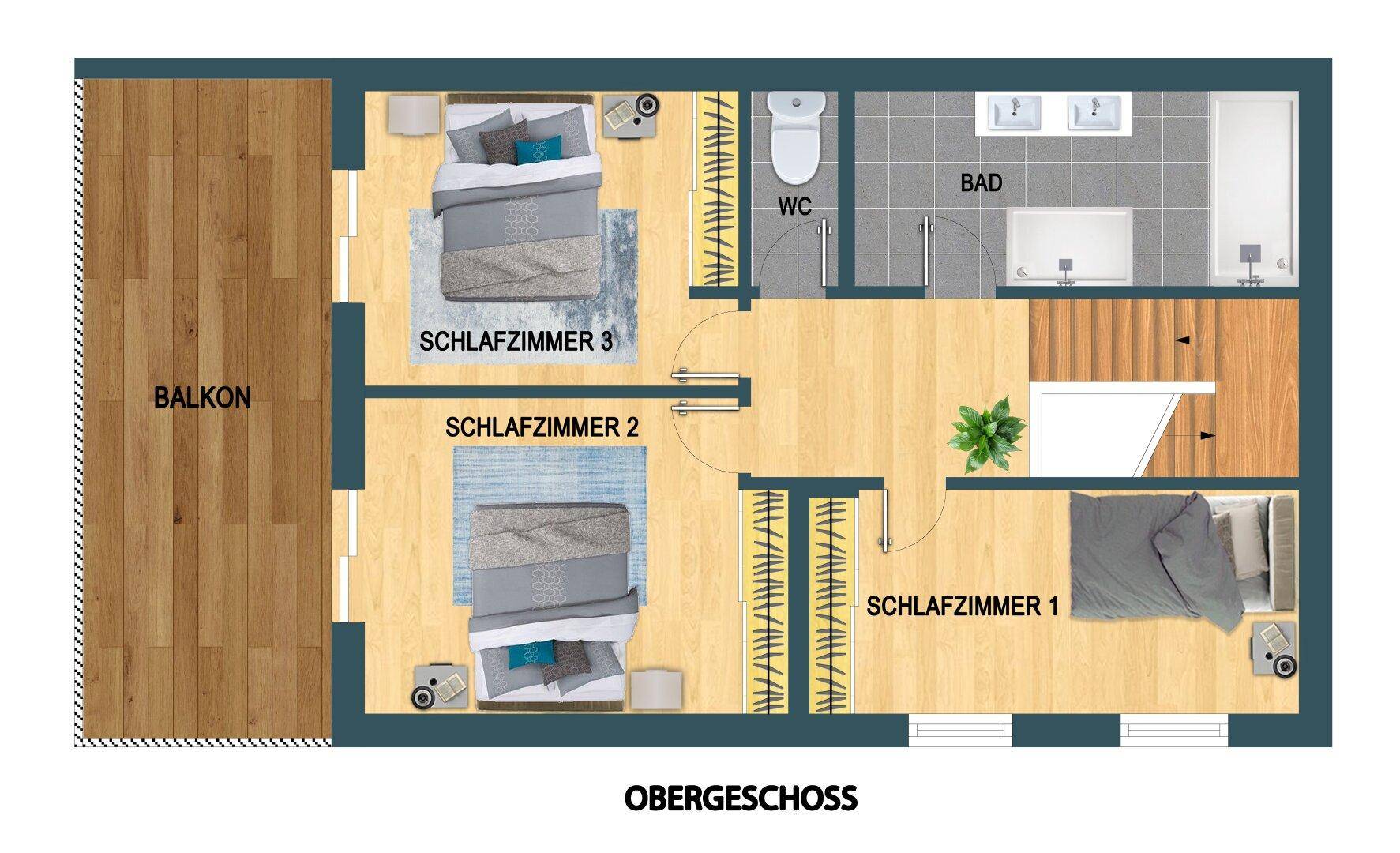 Grundriss des Obergeschosses mit drei Schlafzimmern, Badezimmer und Balkon.