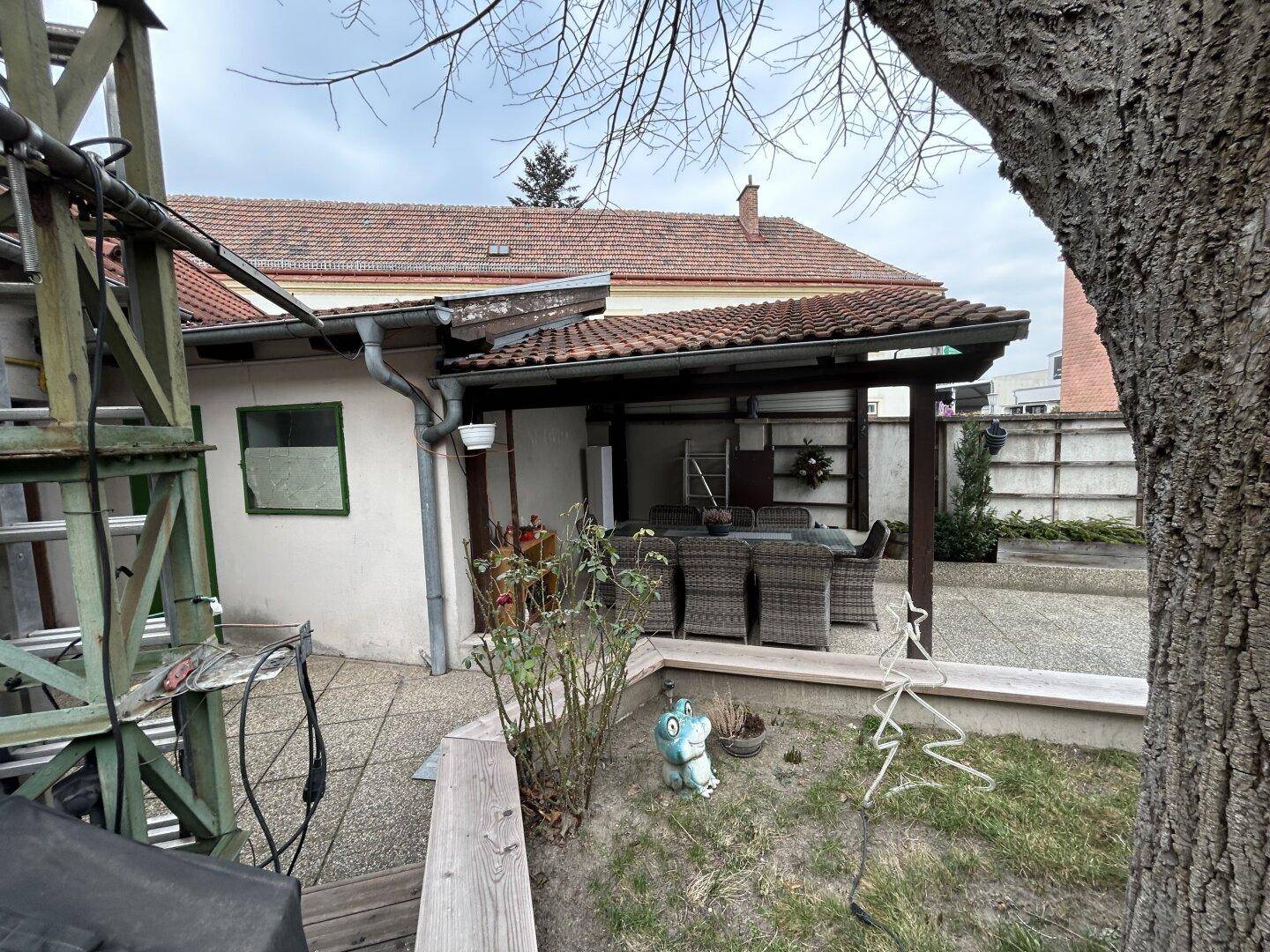 Außenbereich mit überdachtem Sitzbereich, kleinem Garten und einem großen Baum.