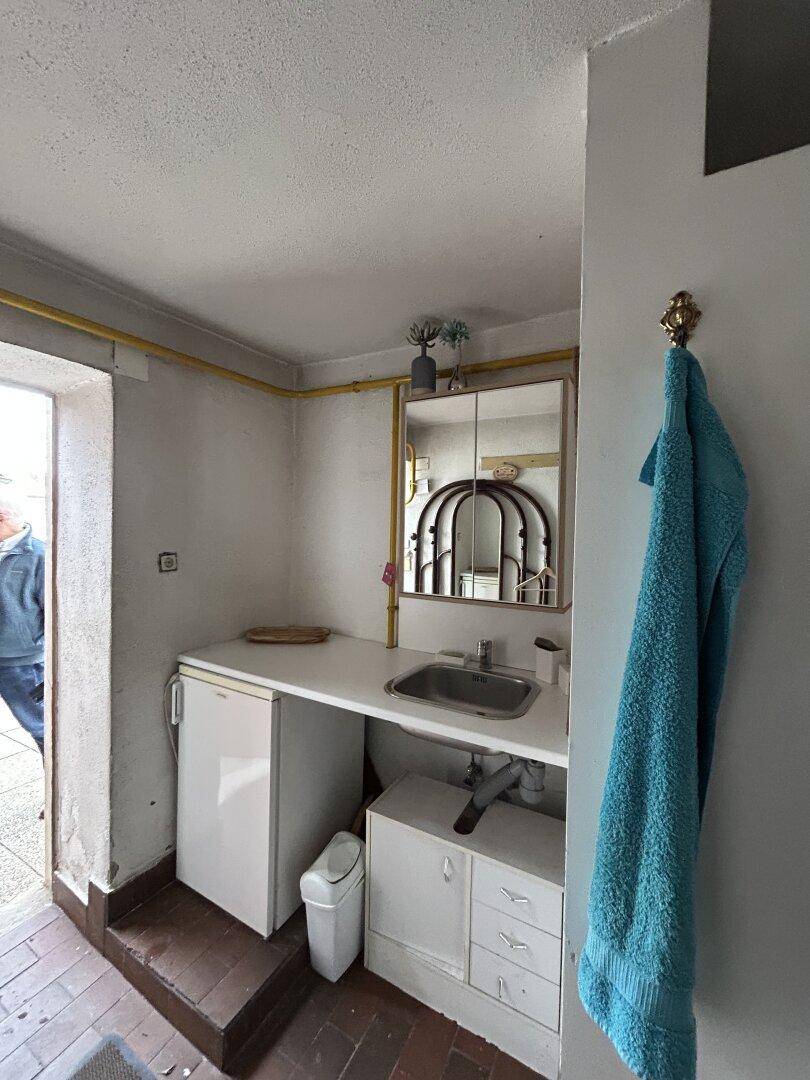Hauswirtschaftsraum mit Waschbecken, kleinem Kühlschrank und Zugang nach draußen.