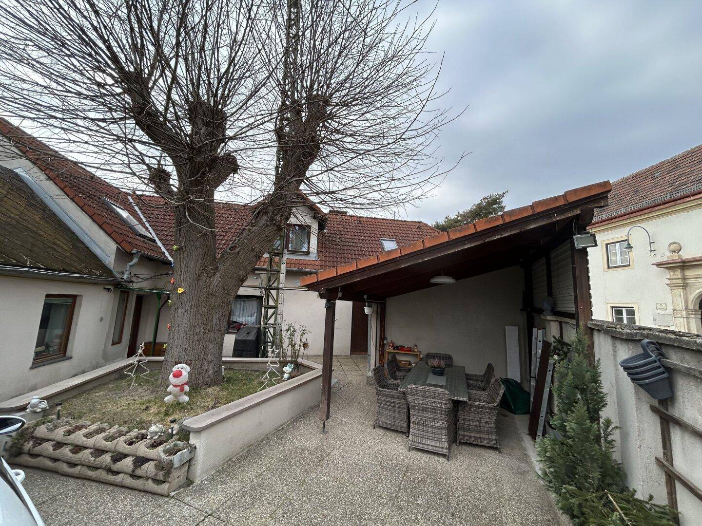 Gemütlicher Außenbereich mit großem Baum, überdachtem Sitzbereich und kleiner Gartenfläche.
