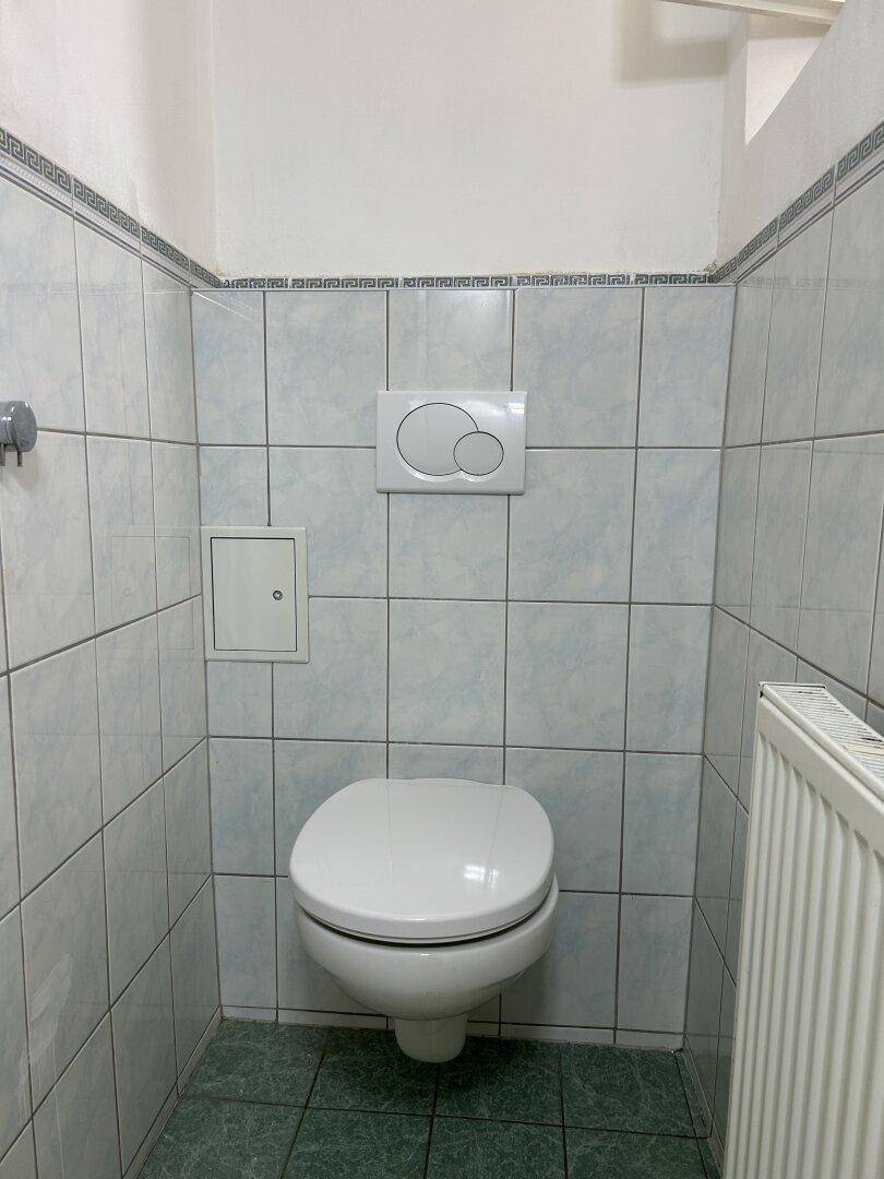 Separate Toilette mit hellblauen Fliesen und Wand-WC.