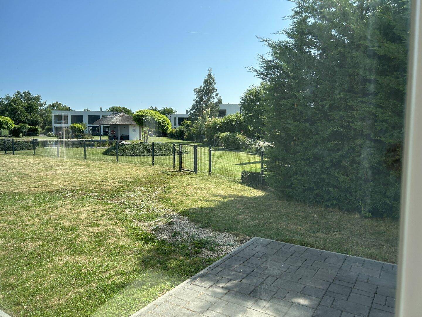Weitblick aus dem Wintergarten über den Garten mit Teich und üppiger Vegetation.