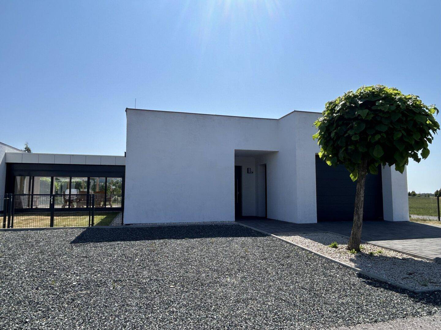 Eingangsbereich eines modernen Hauses mit weißer Fassade, Kiesauffahrt und einem kleinen Baum.