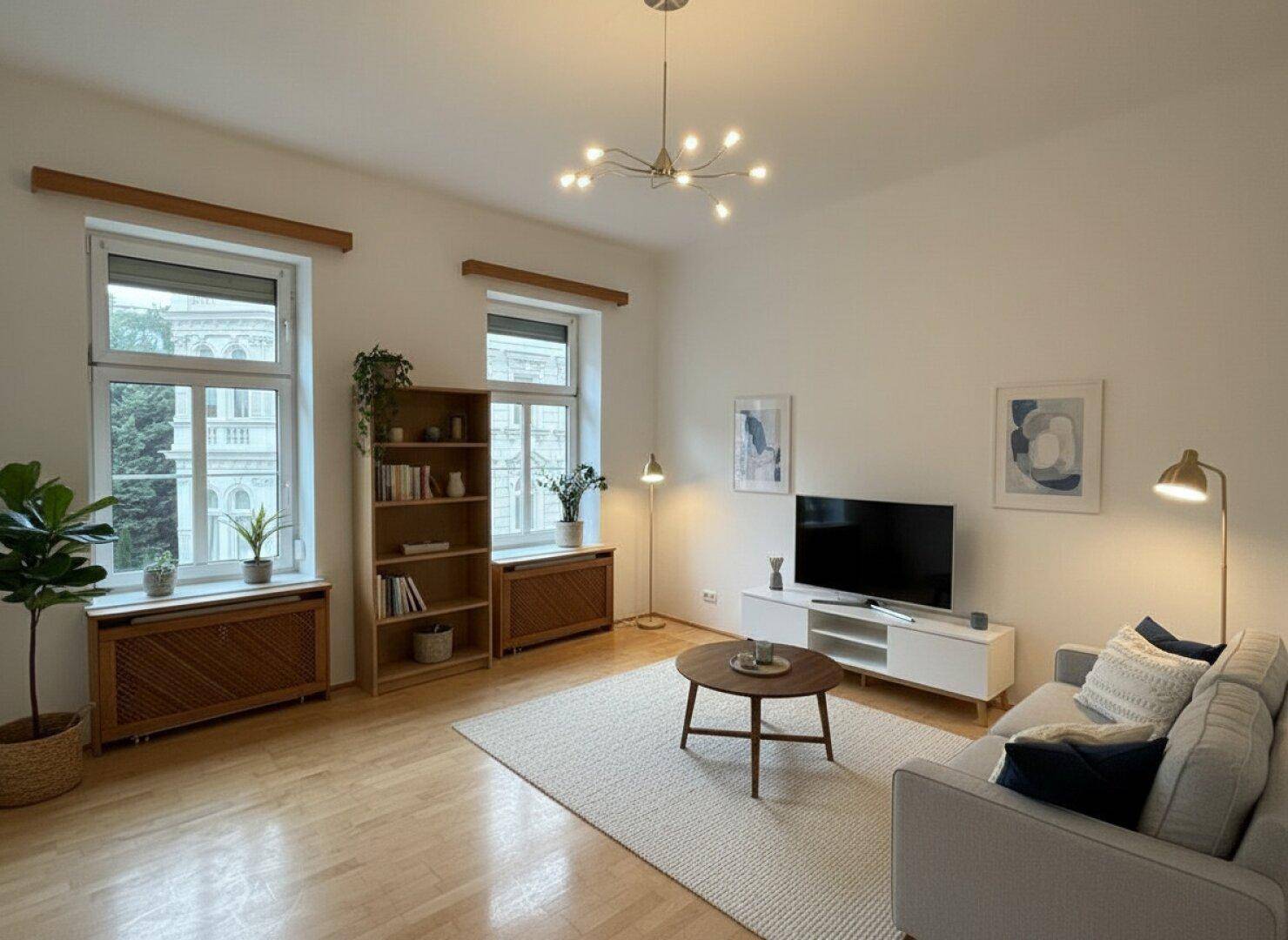 Helles Wohnzimmer mit Parkettboden, großen Fenstern und moderner Einrichtung.