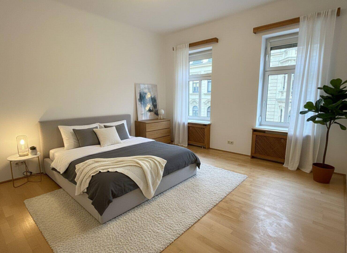 Ruhiges Schlafzimmer mit Parkettboden, großen Fenstern und einem bequemen Doppelbett.