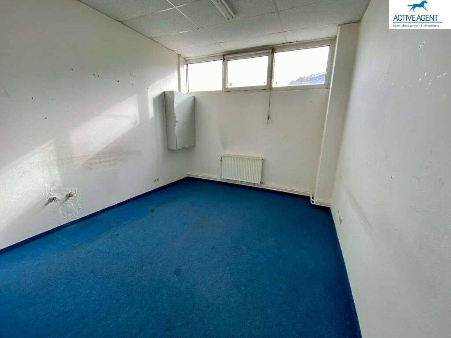 Kleiner Büroraum mit blauer Teppichboden, Heizkörper und einem Fensterband.