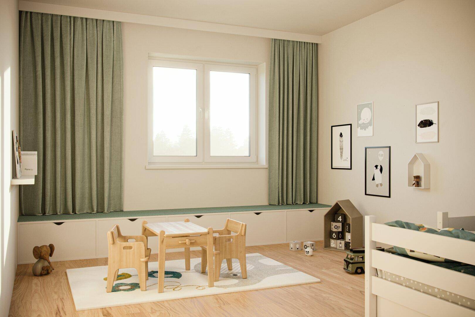 Freundliches Kinderzimmer mit Holzboden, großem Fenster und integrierter Sitzbank.