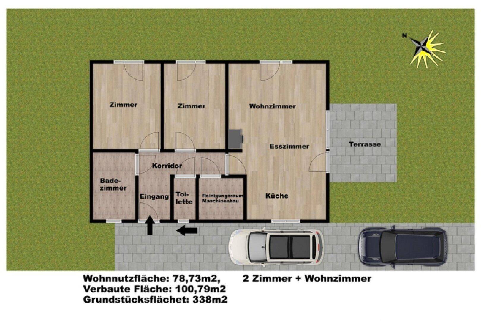Grundriss des Hauses mit drei Zimmern, offener Küche, Bad, separater Toilette und Terrasse.