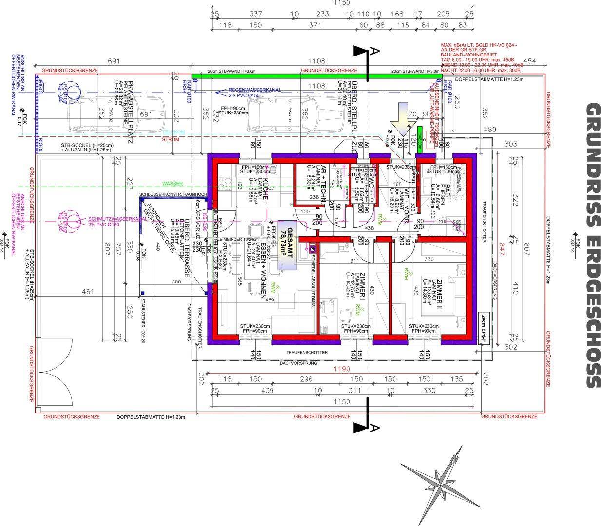 Detaillierter Grundriss des Erdgeschosses mit offener Raumaufteilung, Küche, Wohnbereich und zwei Schlafzimmern.