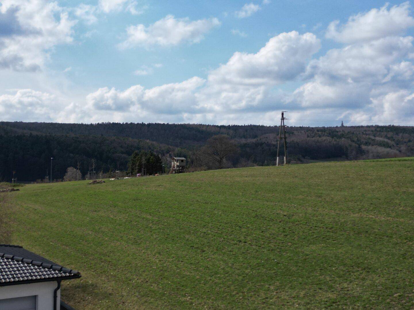 Panoramablick über grüne Wiesen und Wälder unter einem weiten Himmel mit vereinzelten Wolken.