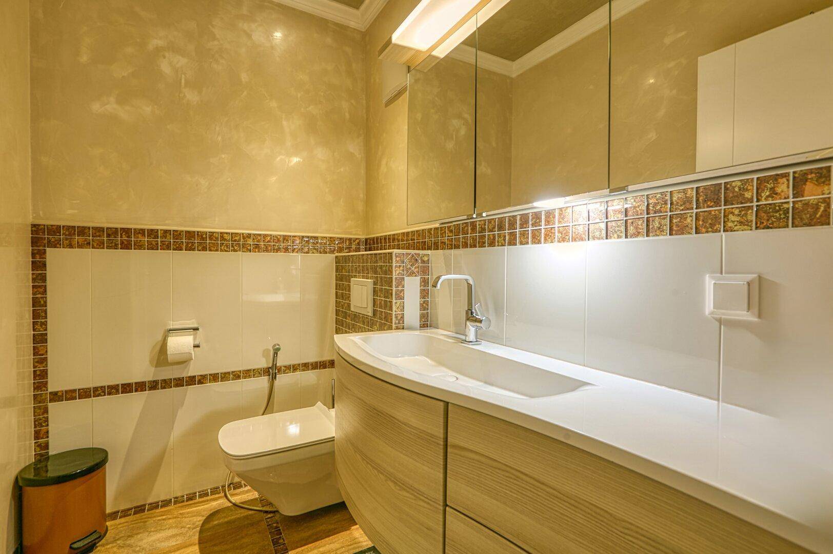 Elegantes Gäste-WC mit modernem Waschbecken, Wand-WC und dekorativen Fliesen, sehr sauber.