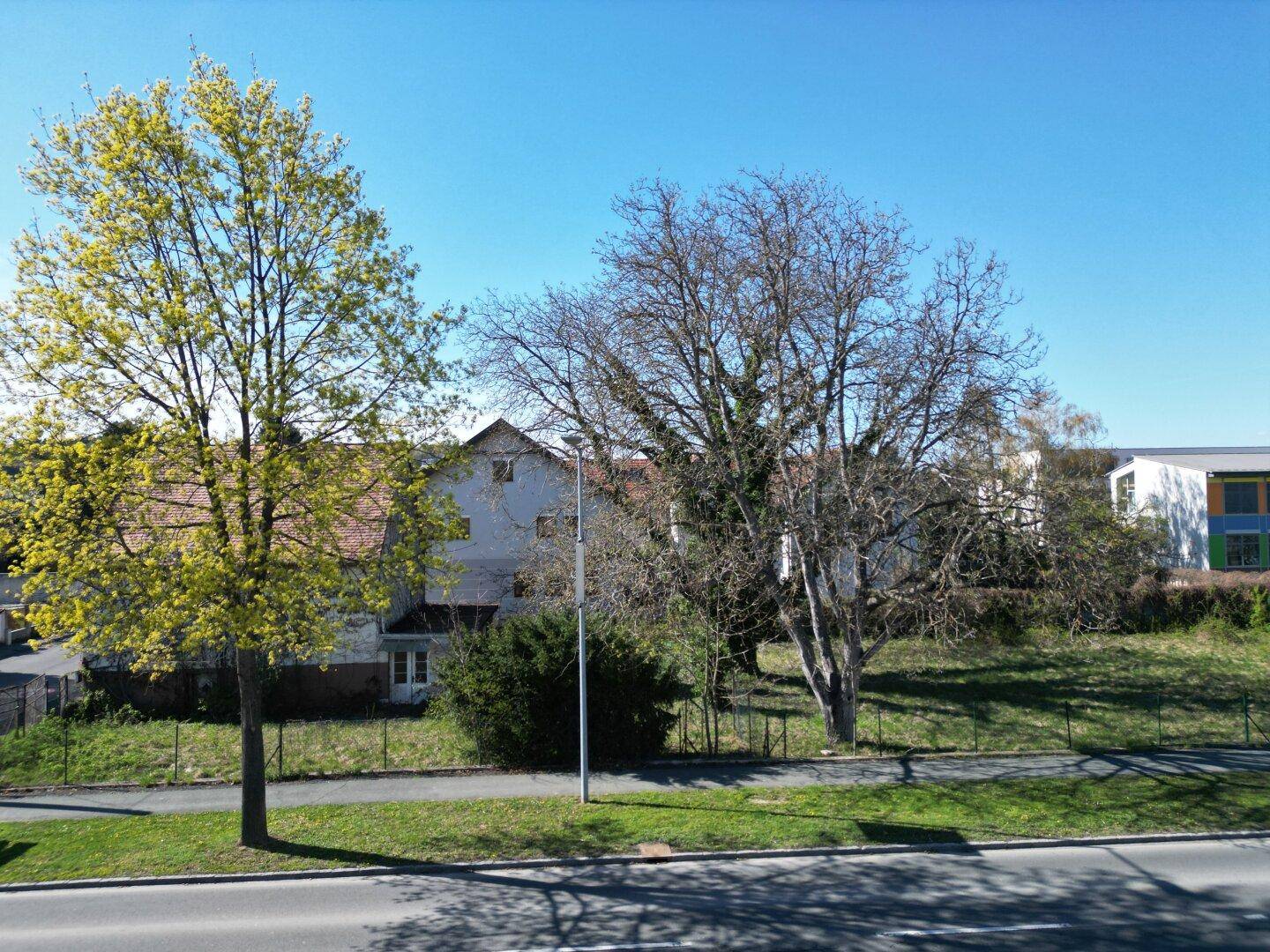 Weitläufige Ansicht des Grundstücks mit Bäumen und angrenzender Straße unter blauem Himmel.