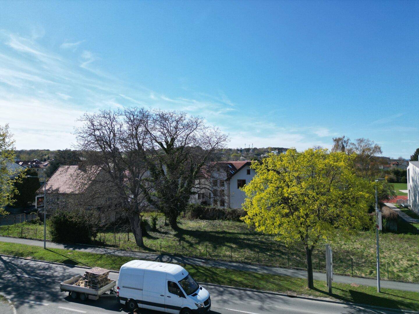 Panoramablick auf das Grundstück mit Bäumen und einem vorbeifahrenden Lieferwagen auf der Straße.