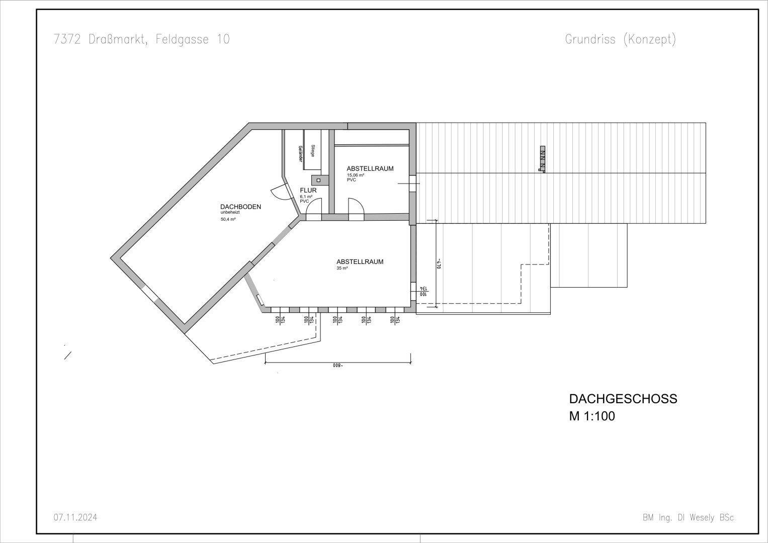 Grundriss des Dachgeschosses mit Dachbodenflächen und zusätzlichen Abstellräumen.