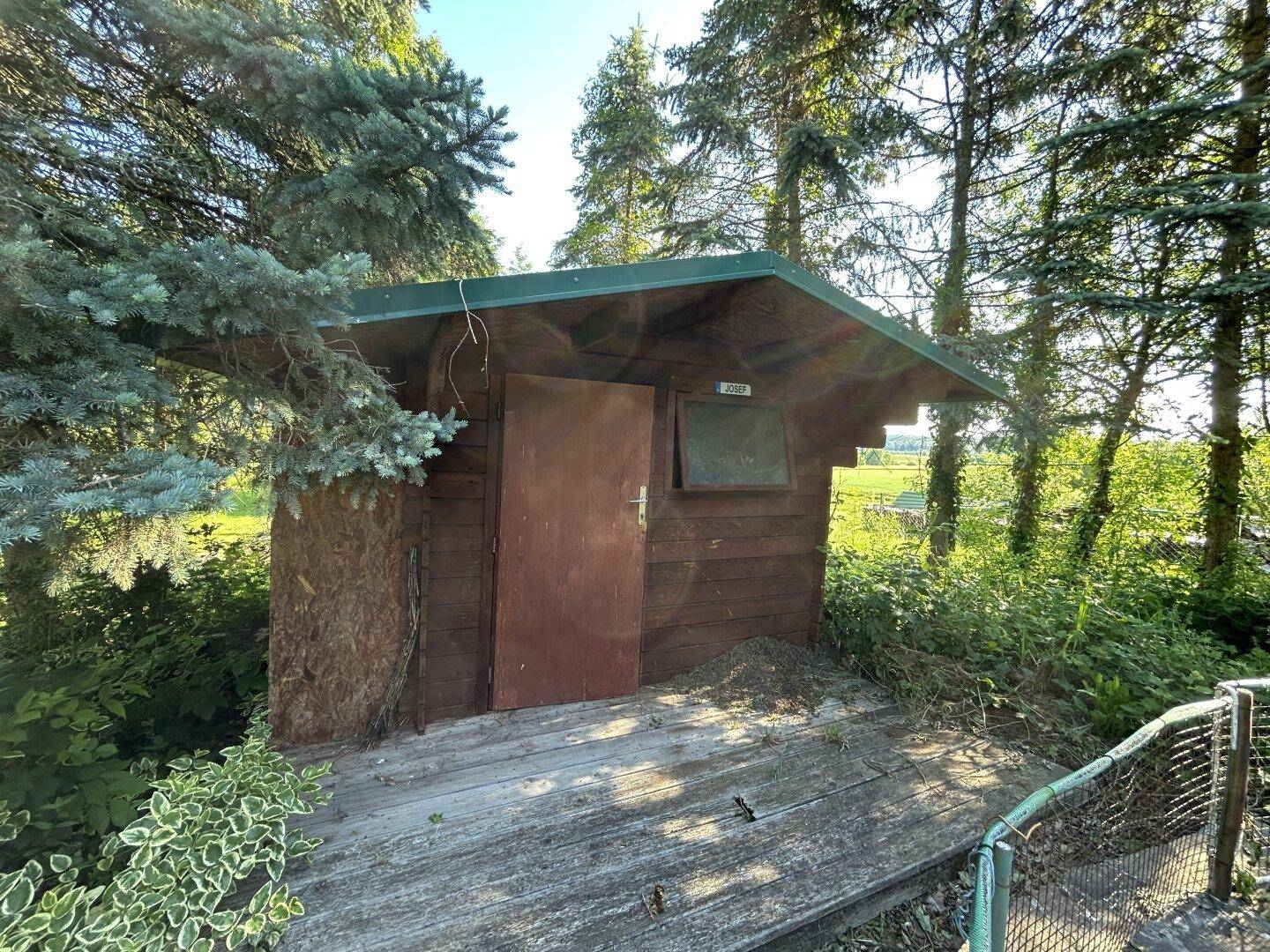 Rustikaler Holzschuppen im Garten, umgeben von Bäumen und Sträuchern.