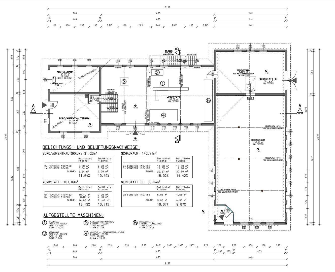 Detaillierter Grundriss mit Werkstatt, Schauraum, Büro und Abstellflächen.