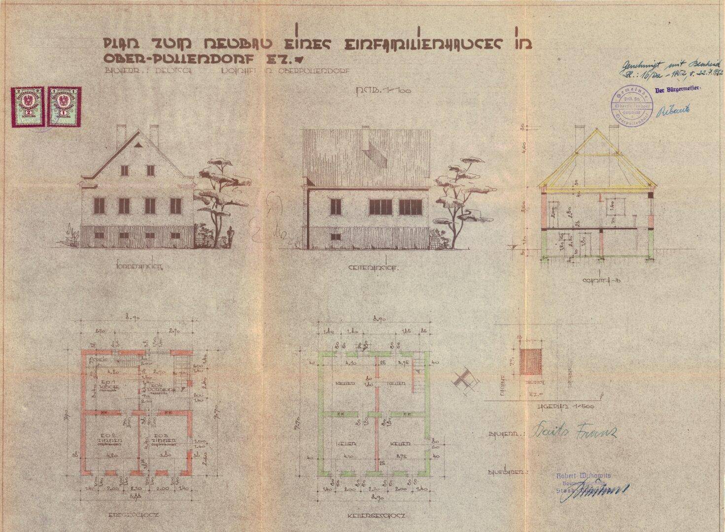 Historischer Bauplan eines Einfamilienhauses mit Ansichten und Grundrissen.