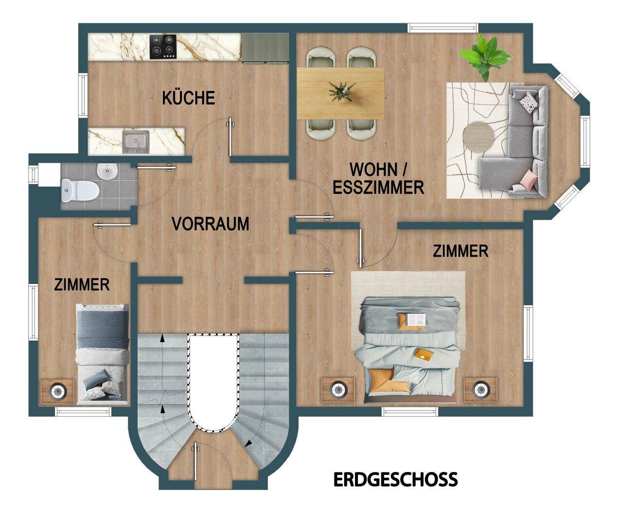 Grundriss des Erdgeschosses mit offener Küche, Wohn-Esszimmer und zwei weiteren Zimmern.