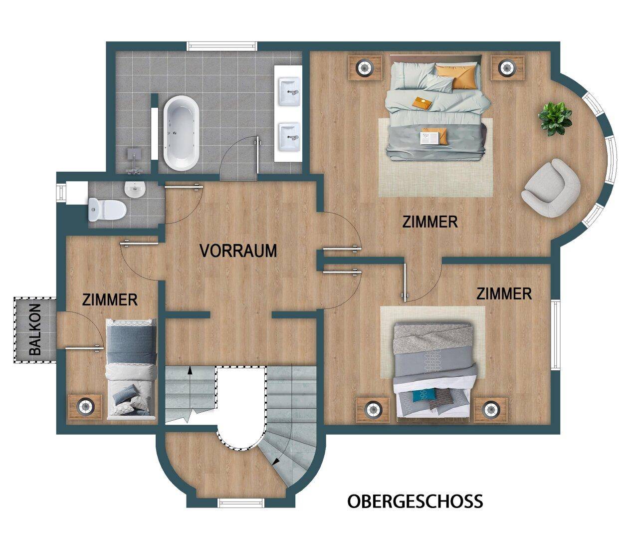 Grundriss des Obergeschosses mit drei Schlafzimmern, einem Badezimmer und Balkonzugang.