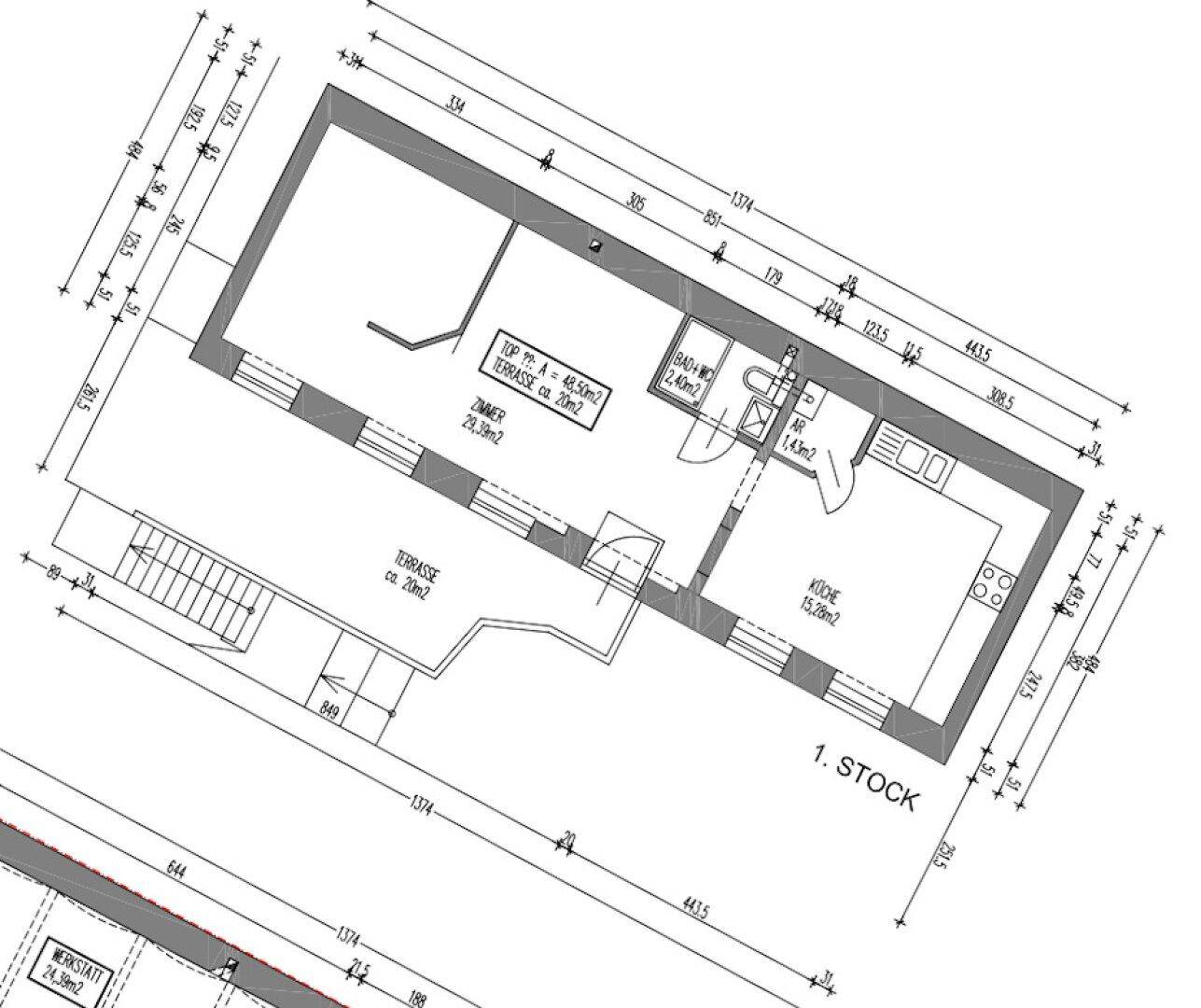Grundriss des ersten Stocks mit Zimmer, Küche, Bad und Terrasse.