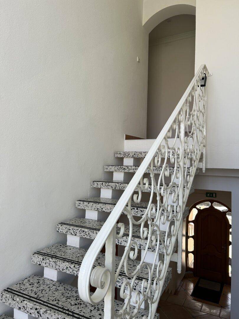 Elegante Treppe mit kunstvollem Geländer und Terrazzostufen führt in die obere Etage.