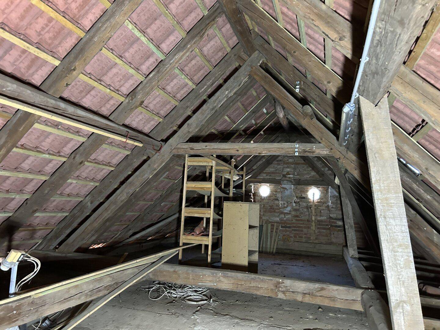 Unausgebauter Dachboden mit sichtbaren Holzbalken und Ziegeldach, bereit für den Ausbau.