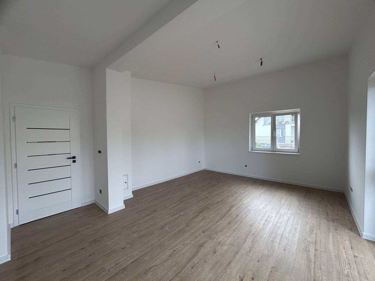 Großzügiger Wohnraum mit Laminatboden und einer modernen Tür, ideal für Familienleben und Unterhaltung.