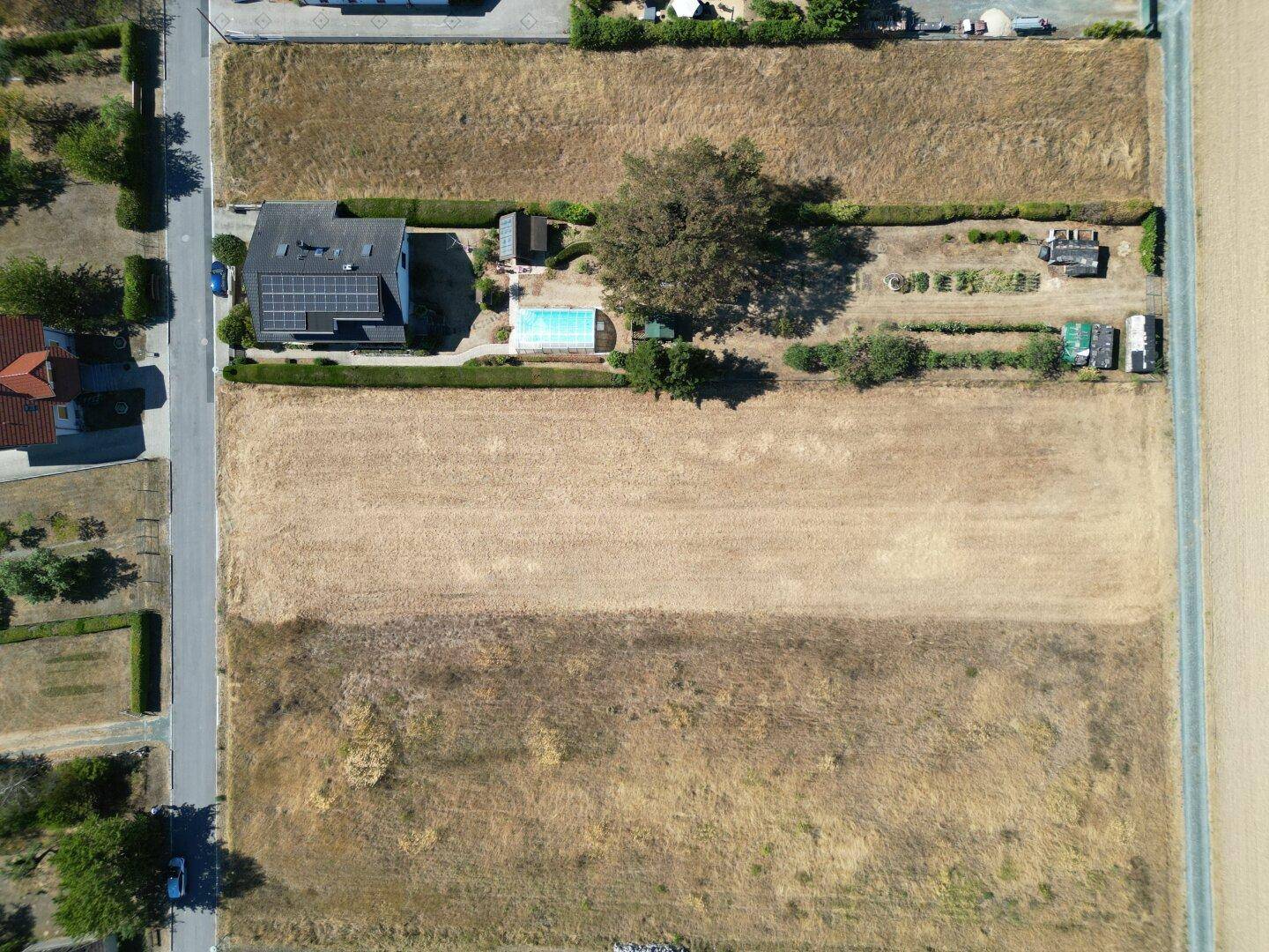Luftaufnahme eines Grundstücks mit modernem Wohnhaus, Swimmingpool und angrenzenden Feldern.