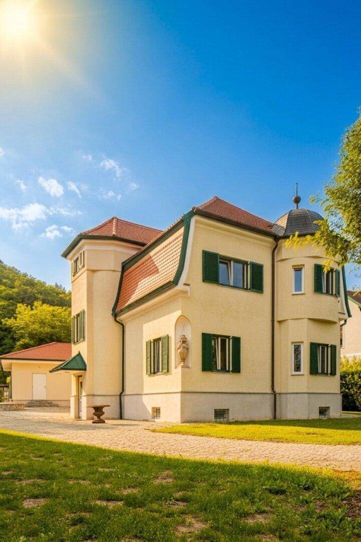 Elegantes Haus mit markanter Architektur, grünen Fensterläden und sonniger Fassade.