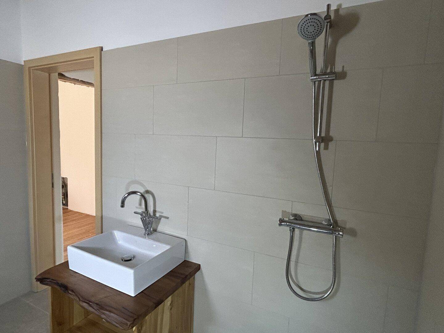Helles Badezimmer mit Duschbereich und modernem Waschbecken auf Holzunterschrank.