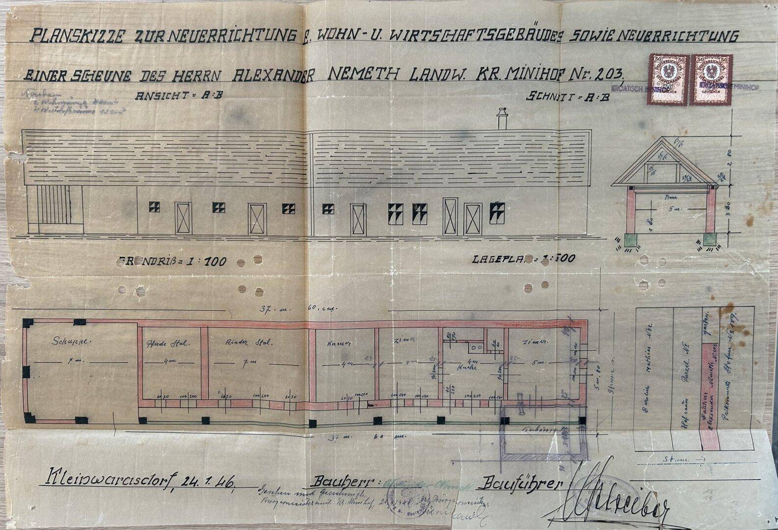 Historischer Bauplan eines Wohn- und Wirtschaftsgebäudes mit Grundriss und Ansichten.