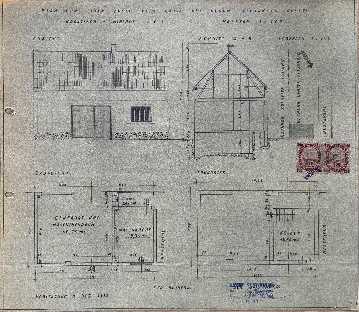 Historischer Bauplan eines Hauses mit Erdgeschoss- und Kellergrundriss sowie Ansichten.