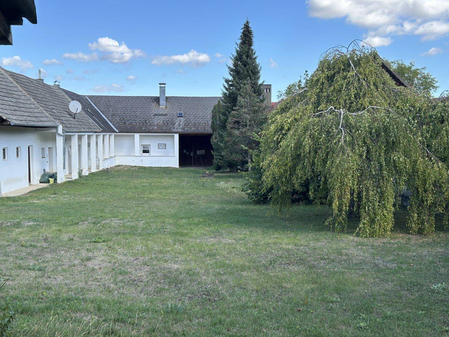 Großer grüner Innenhof eines ländlichen Anwesens mit Bäumen und Gebäuden im Hintergrund.