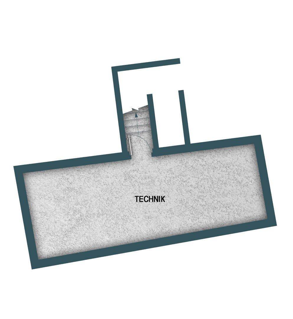 Grundriss des Untergeschosses mit Technikraum und Zugang über eine Treppe.
