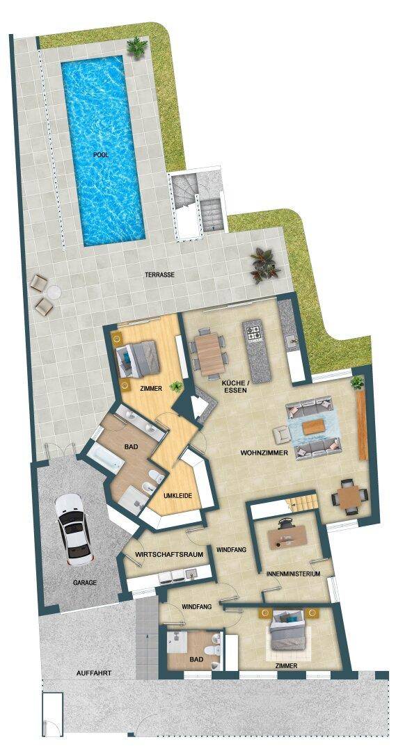 Detaillierter Grundriss des Erdgeschosses mit großem Pool, Terrasse, Garage und offenem Wohnbereich.
