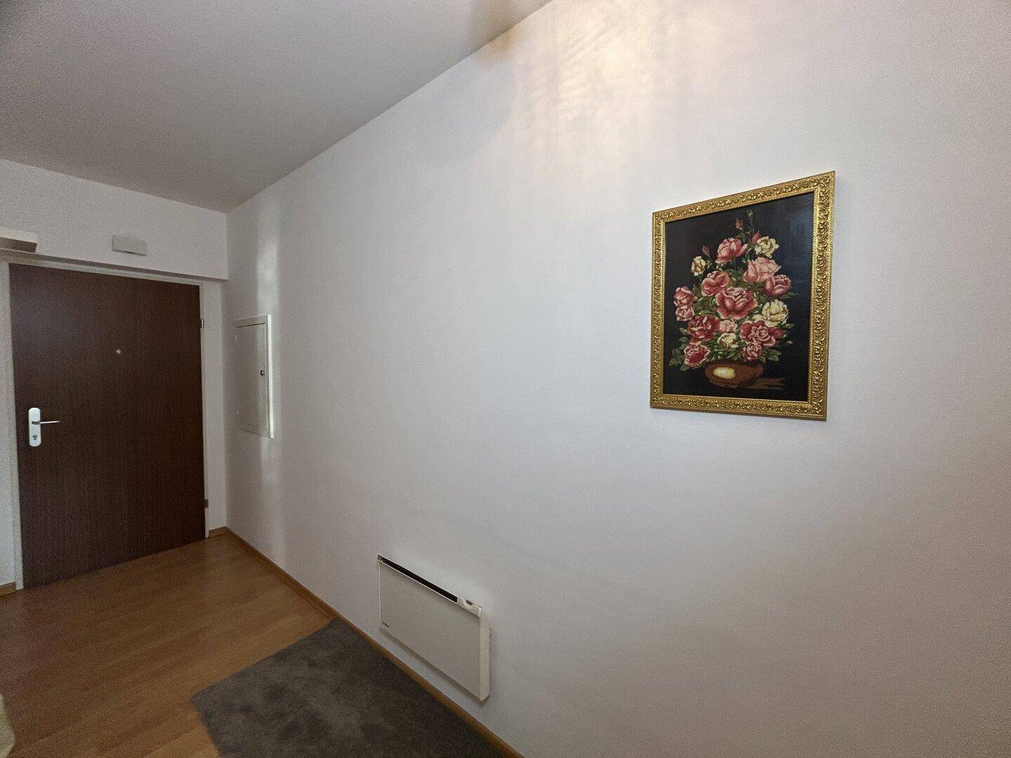 Eingangsbereich mit Heizkörper und Kunstwerk, schlicht und funktional gestaltet.