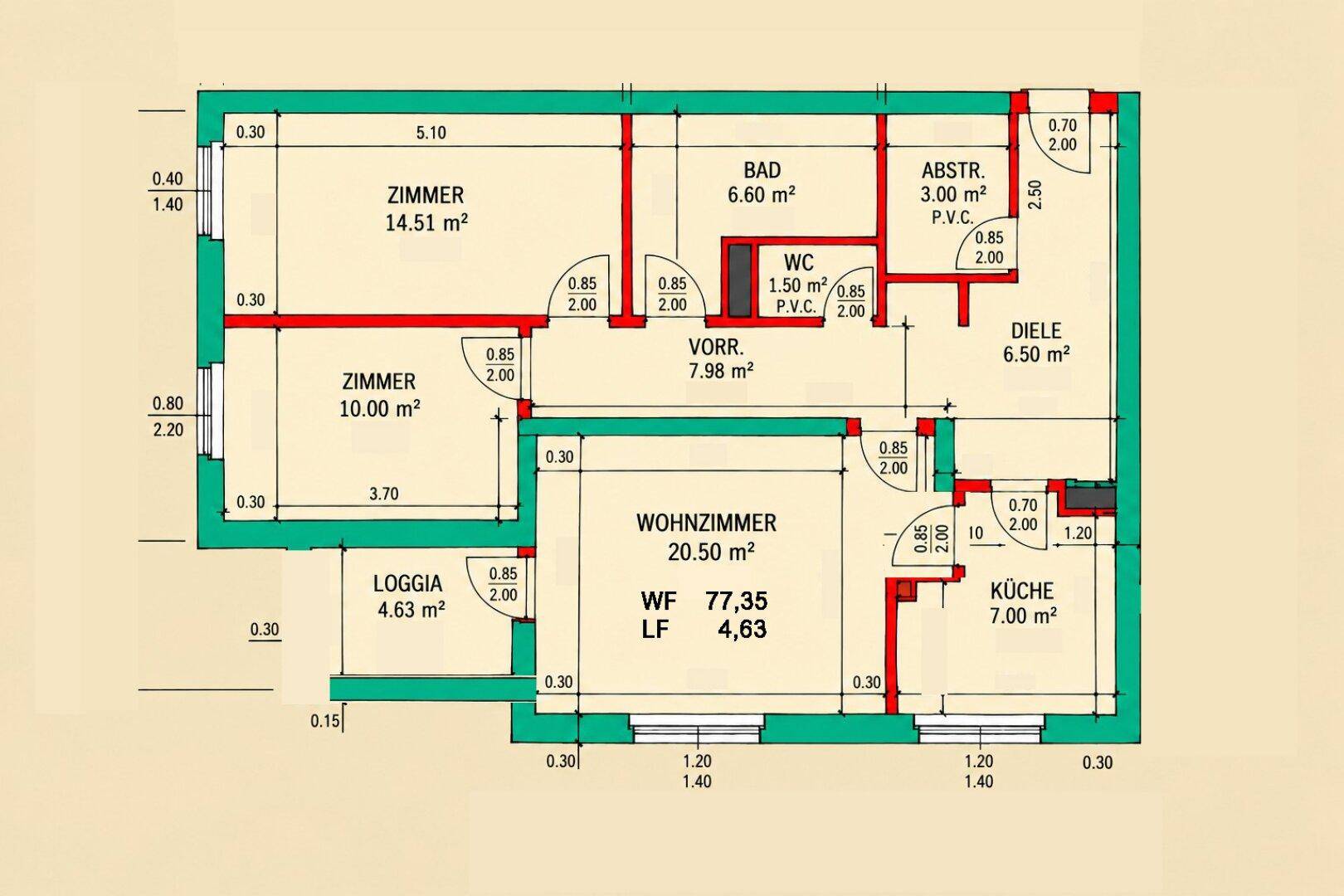 Detaillierter Grundriss der Wohnung mit Raummaßen und Aufteilung der Zimmer.