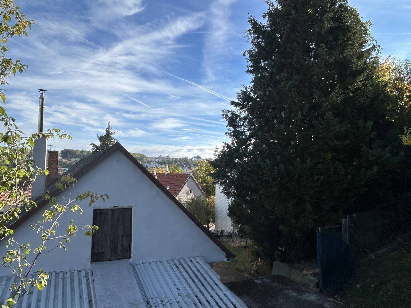 Blick über ein Hausdach mit Schornstein und Bäumen in die Ferne unter einem bewölkten Himmel.