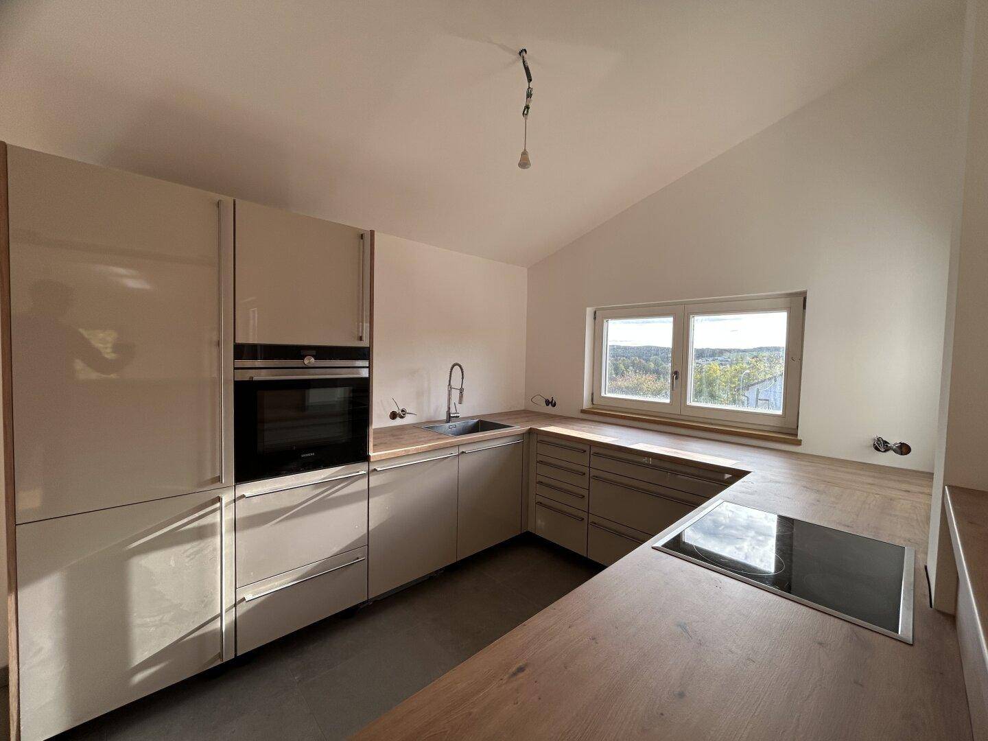 Funktionale Küche mit integriertem Backofen, Induktionskochfeld und viel Tageslicht.