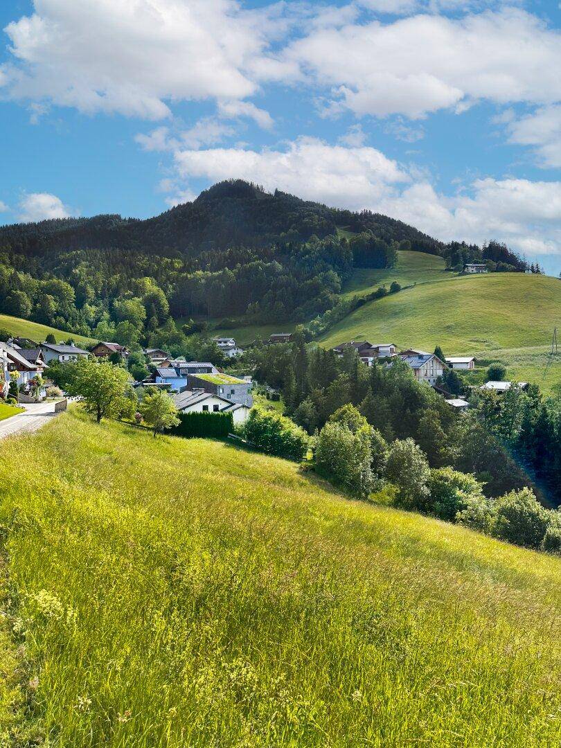 Idyllische ländliche Siedlung eingebettet in grüne Hügel und Wälder unter blauem Himmel mit Wolken.