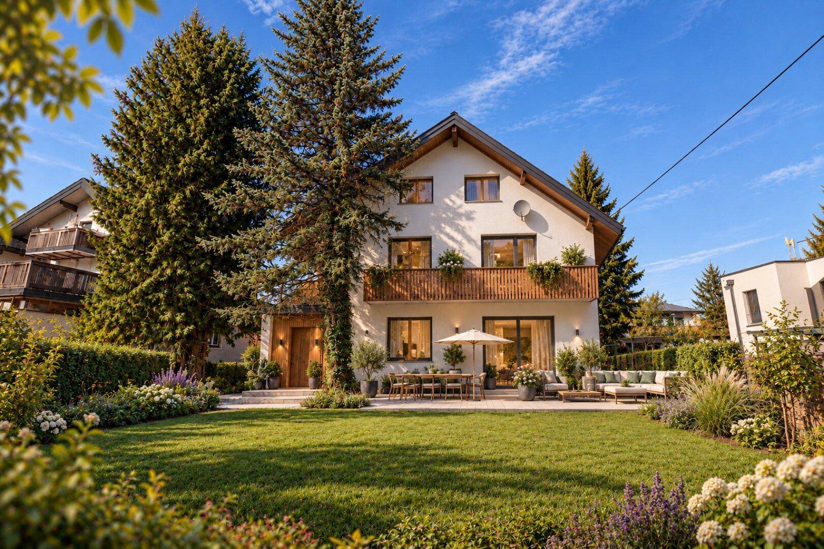 Modernisiertes Haus mit weißer Fassade, gepflegtem Garten, Terrasse und gemütlichem Essbereich im Freien.