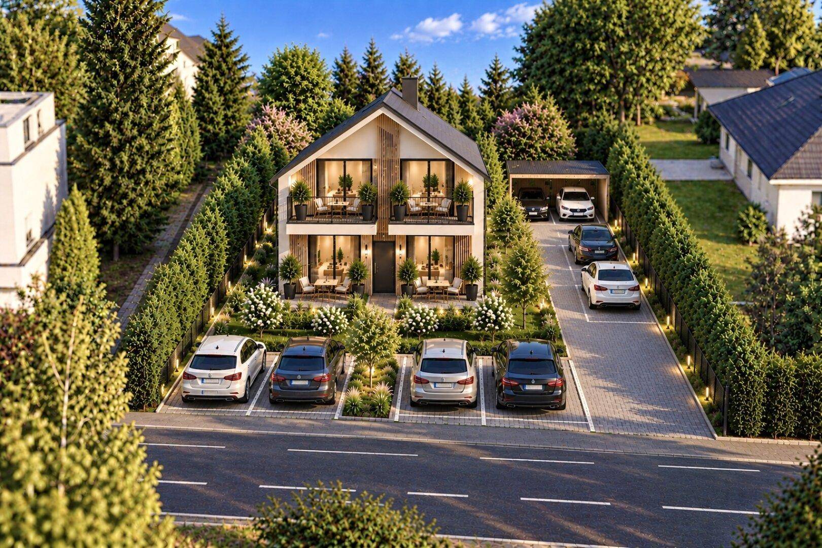 Moderne Doppelhaushälfte mit mehreren Parkplätzen und integriertem Carport, umgeben von hohen Hecken.